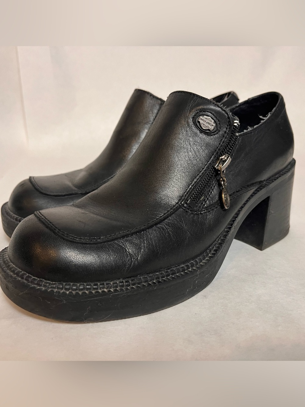 Harley-Davidson Black Leather Zip-Accent Mule Pumps